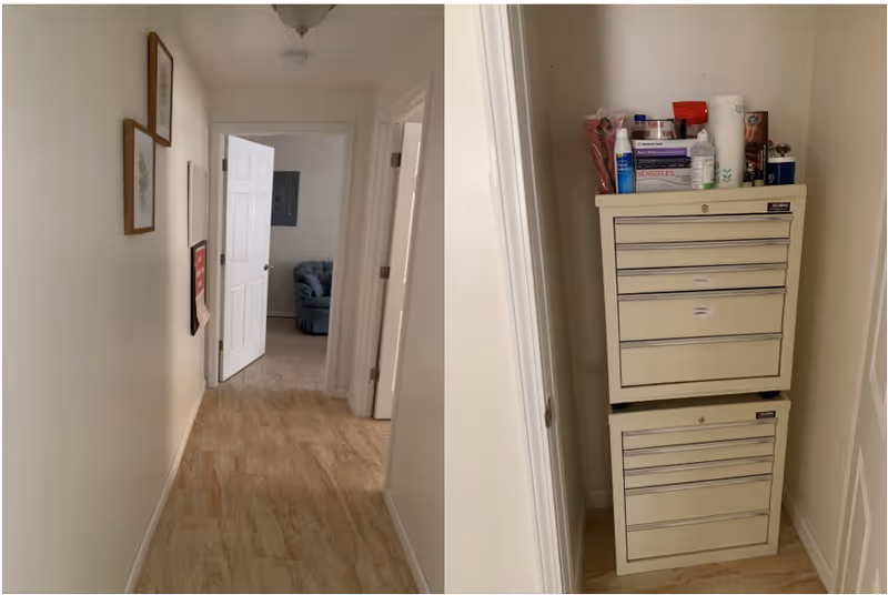A hallway with light-colored tiled flooring and white walls. On the left wall, there are three framed pictures. At the end of the hallway, an open door reveals a room with a blue armchair. The second image shows two beige metal filing cabinets stacked on top of each other in a corner, with various items such as paper towels, bottles, and boxes placed on top.