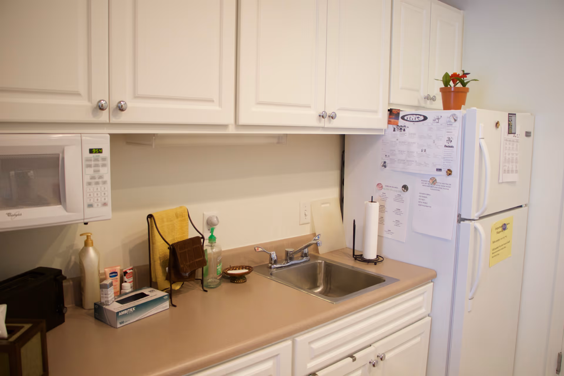 A clean kitchen area with white cabinets, a microwave, a stainless steel sink, a refrigerator with papers and notes attached, and various items on the countertop including soap, a paper towel holder, and a small potted plant on top of the refrigerator.