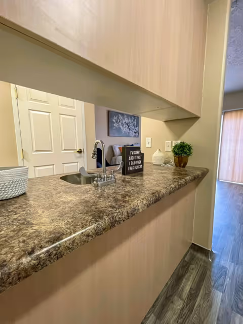 Interior view of a kitchen counter with a small sink and faucet. On the counter, there is a decorative sign that reads 'I'M SORRY ABOUT WHAT I SAID WHEN I WAS HUNGRY', a small potted plant, a white decorative item, and a woven basket. In the background, a white door and part of a living area with a painting on the wall and a sliding glass door with vertical blinds are visible.