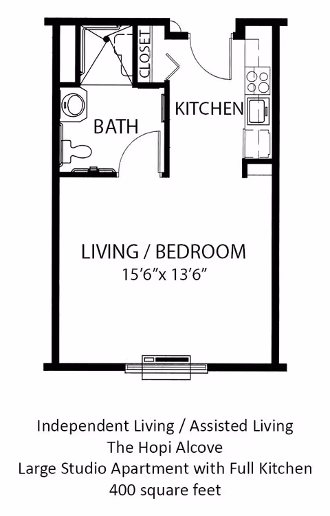 Floor plan of a large studio apartment named The Hopi Alcove at Cottonwood Village, featuring a combined living and bedroom area measuring 15 feet 6 inches by 13 feet 6 inches, a kitchen, a bathroom with a shower, toilet, and sink, and a closet. The apartment is designed for independent or assisted living and totals 400 square feet.