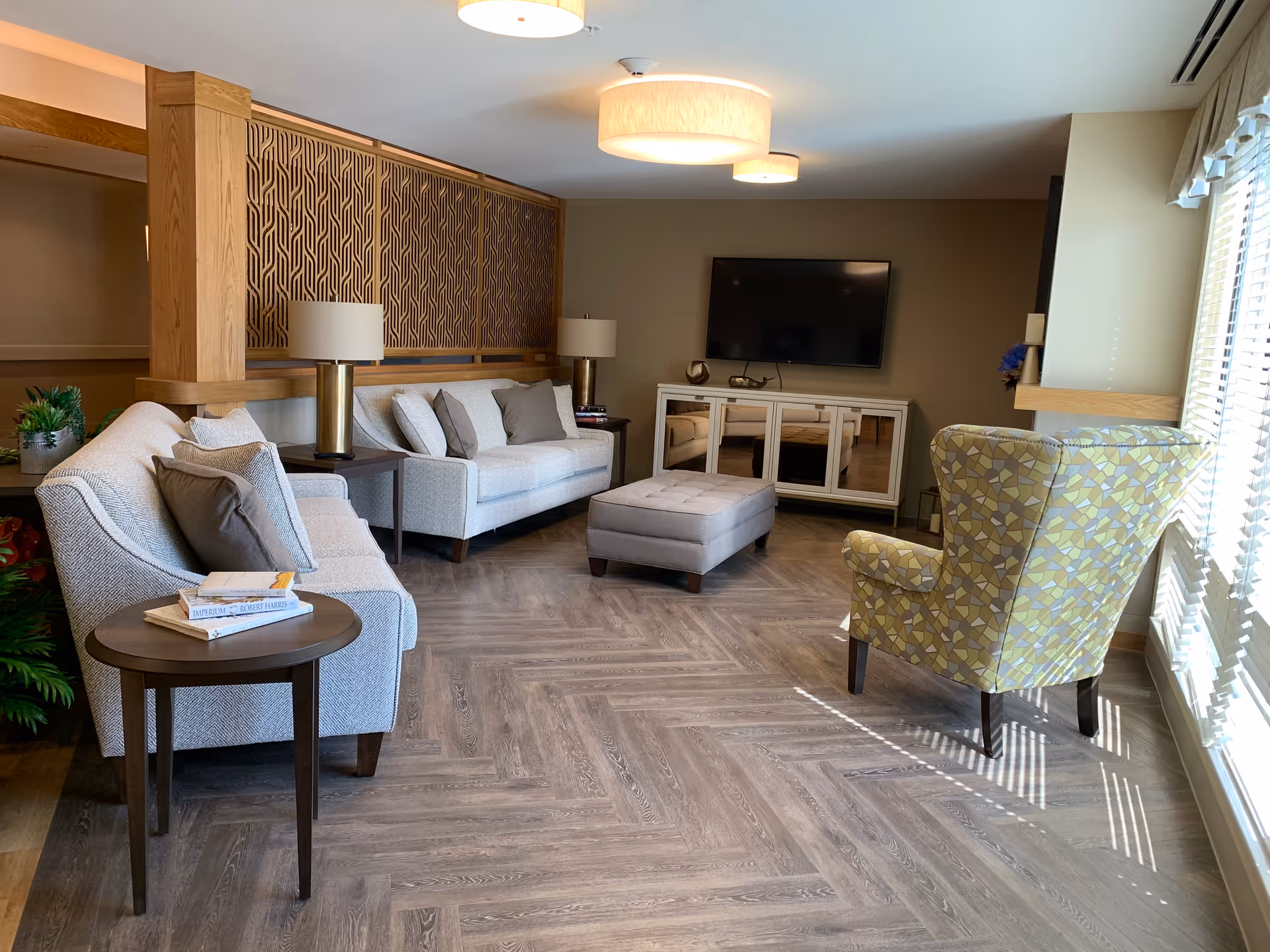 Bright lounge with sofas, a patterned armchair, ottoman, TV on a console, and large windows letting in sunlight.