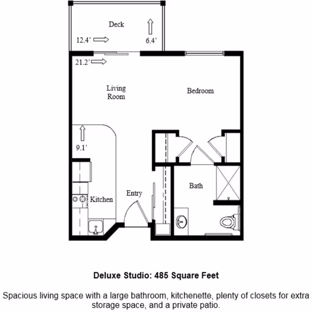 Floor plan of a deluxe studio apartment with 485 square feet, showing a living room, bedroom, kitchen, entry, bath, closets, and a deck.