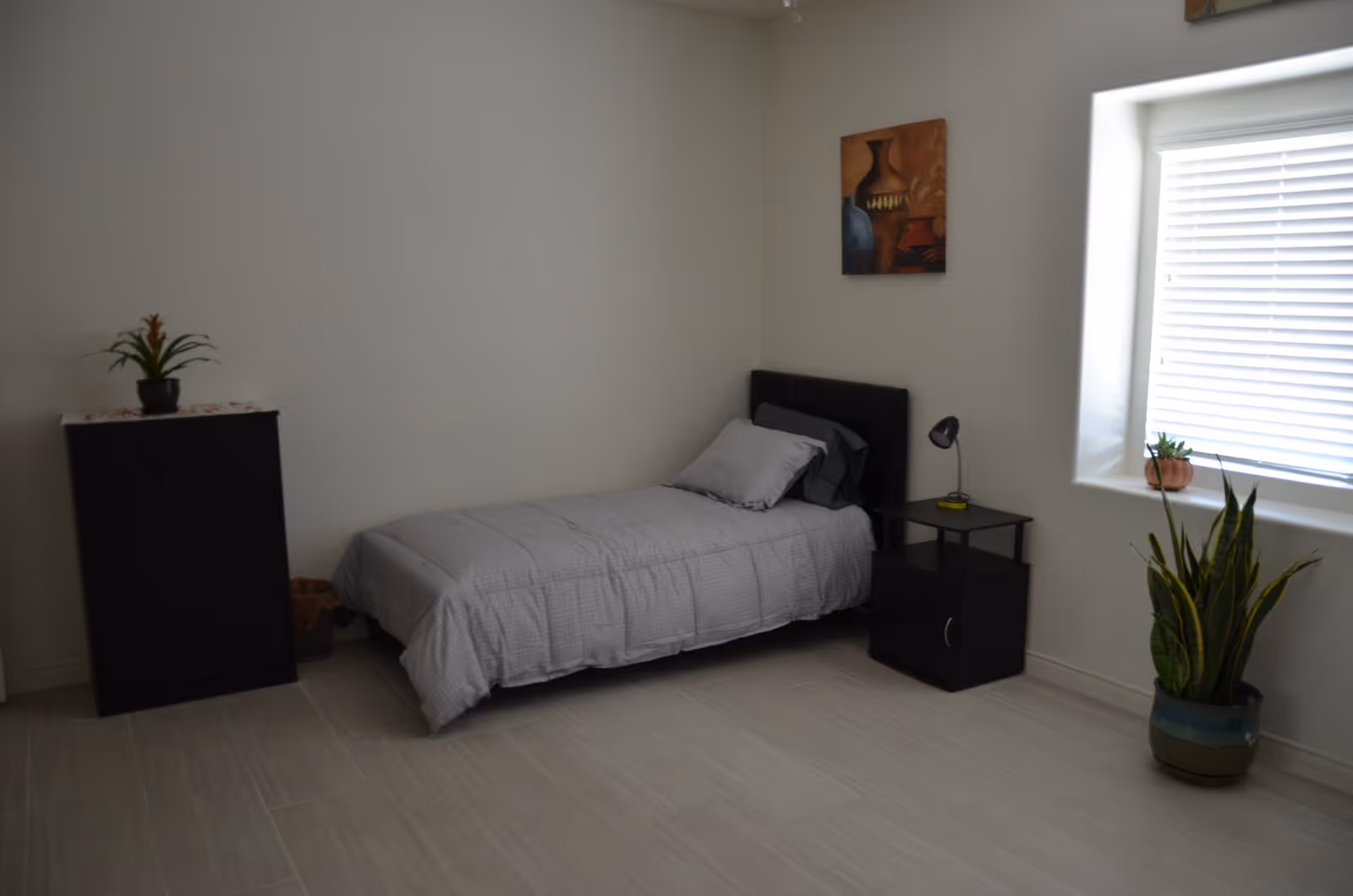 A simple bedroom with a single bed covered in gray bedding, a black headboard, a small black nightstand with a lamp, a black dresser with a potted plant on top, a window with white blinds, and two additional potted plants on the floor. A painting hangs on the wall above the bed.