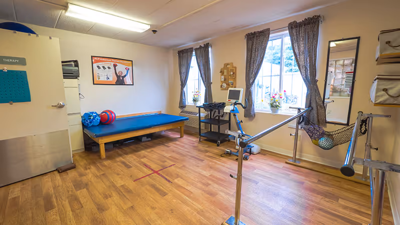 A therapy room with wooden flooring, a blue therapy table with exercise balls on it, parallel bars for walking exercises, a small cart with medical equipment, two windows with floral curtains, and a wall mirror. The door has a sign labeled 'THERAPY'.
