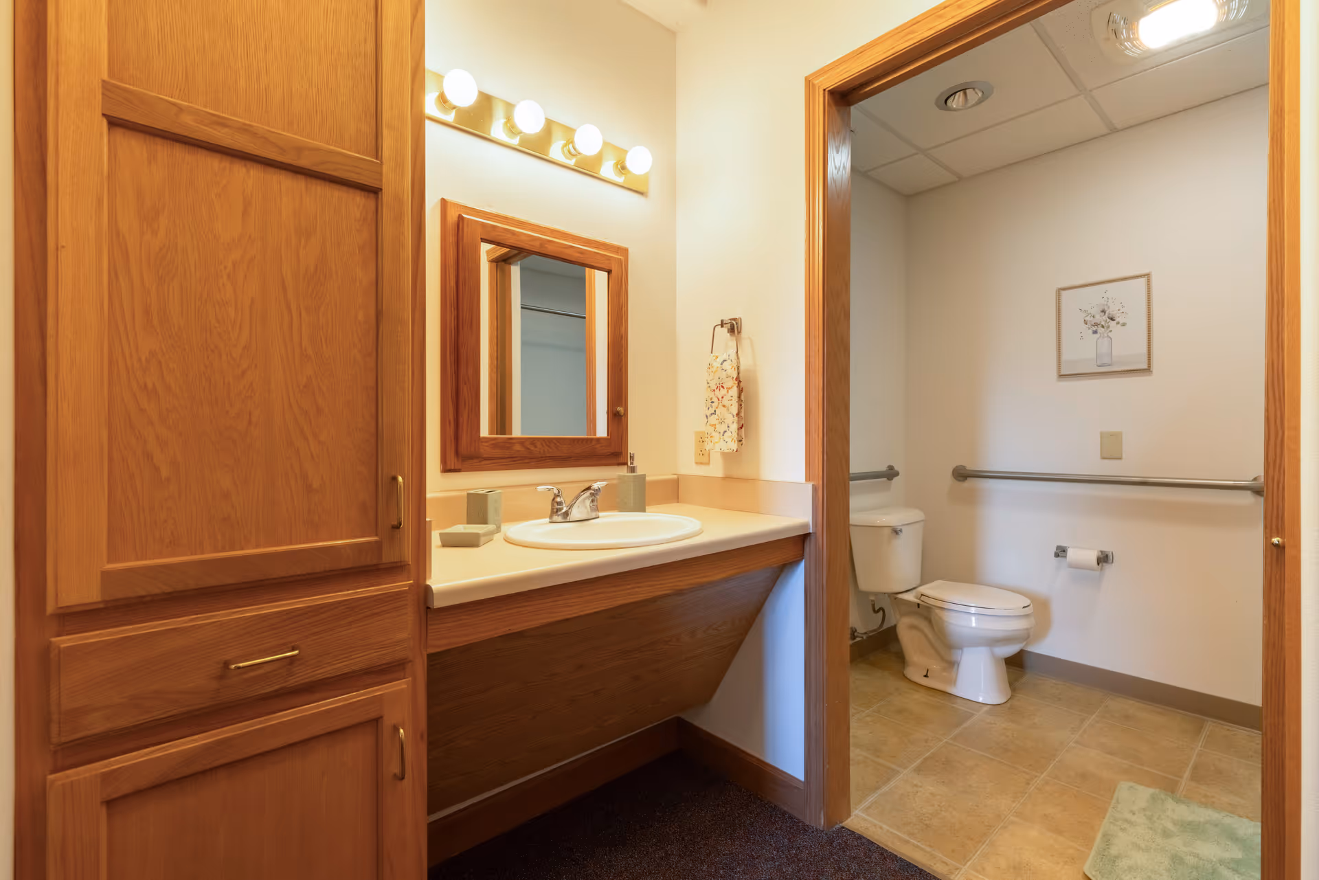 Bathroom with a wooden vanity and sink, mirror and lights, and a separate toilet area with grab bars.
