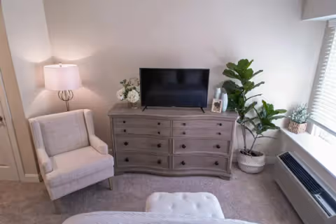 A cozy living room area featuring a light-colored armchair with a floor lamp beside it, a wooden dresser with a flat-screen TV on top, decorative plants, and a window with blinds letting in natural light.