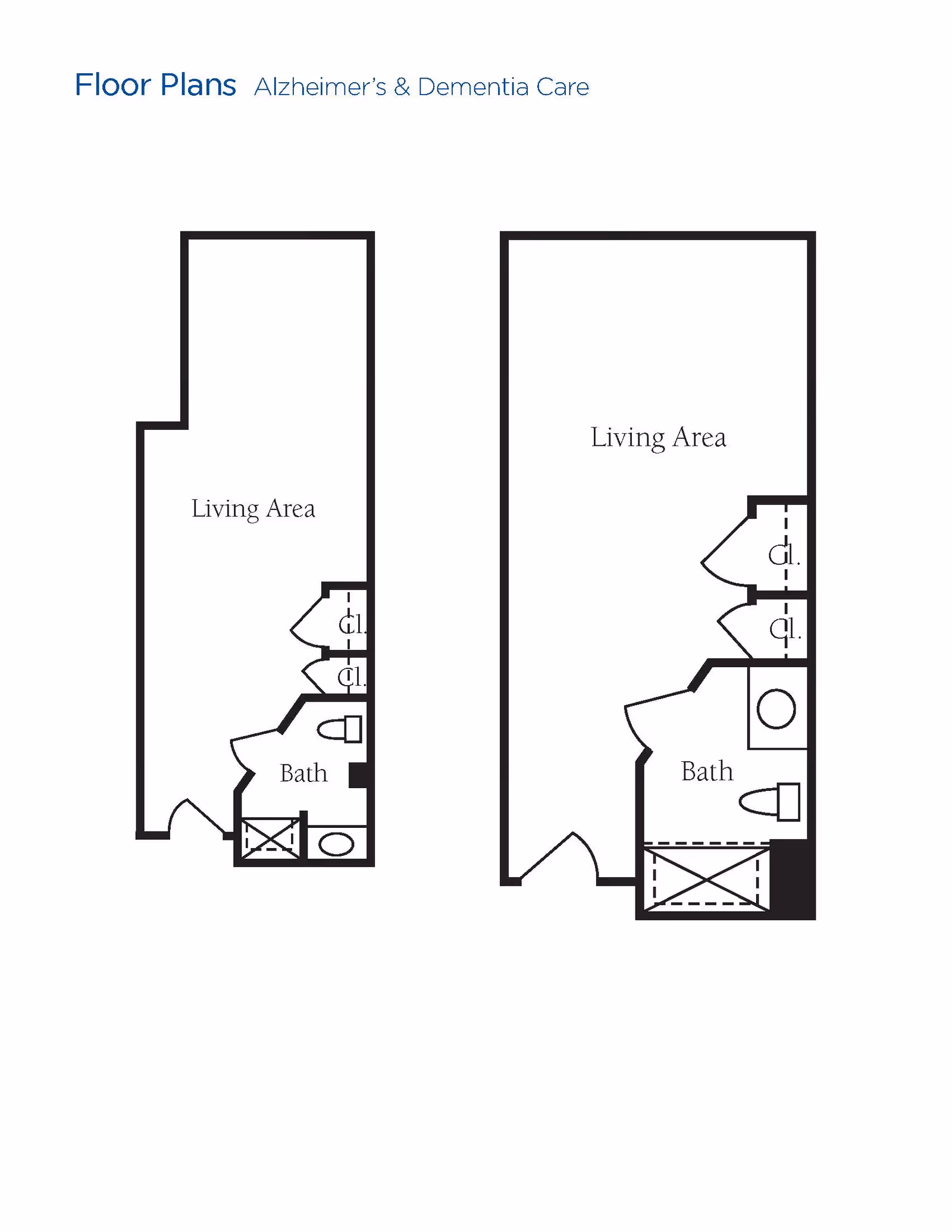 Floor plans for Alzheimer's and Dementia Care units showing two layouts with labeled living areas, closets, and bathrooms.