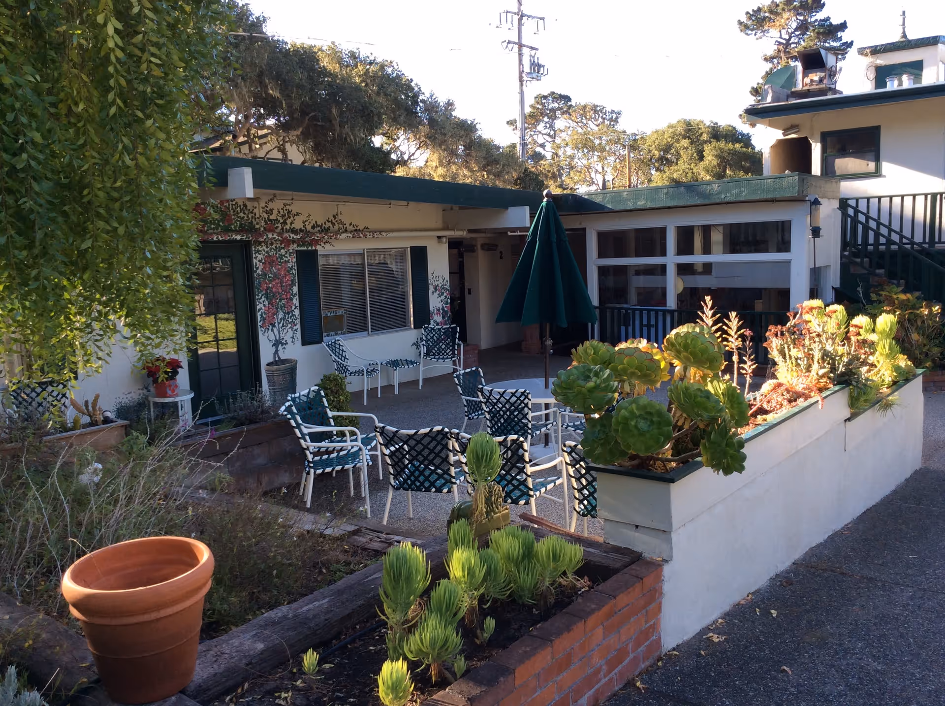 Outdoor courtyard patio with chairs, tables, a green umbrella and planter boxes in front of a low building.