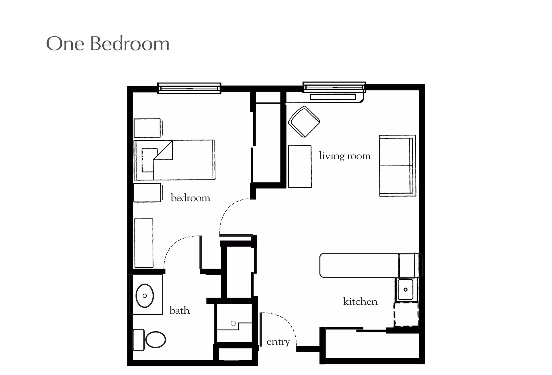 Floor plan of a one-bedroom apartment showing a bedroom with a bed and two nightstands, a bathroom with a sink and toilet, a living room with a chair, coffee table, and sofa, and a kitchen with a counter and sink. The entry door leads into the kitchen and living room area.