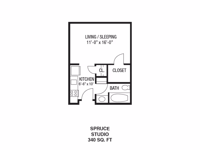 Floor plan of a studio apartment named Spruce with 340 square feet, showing a living/sleeping area measuring 11 feet by 16 feet, a kitchen area measuring 6 feet 6 inches by 10 feet, a closet, and a bathroom with a bathtub, toilet, and sink.