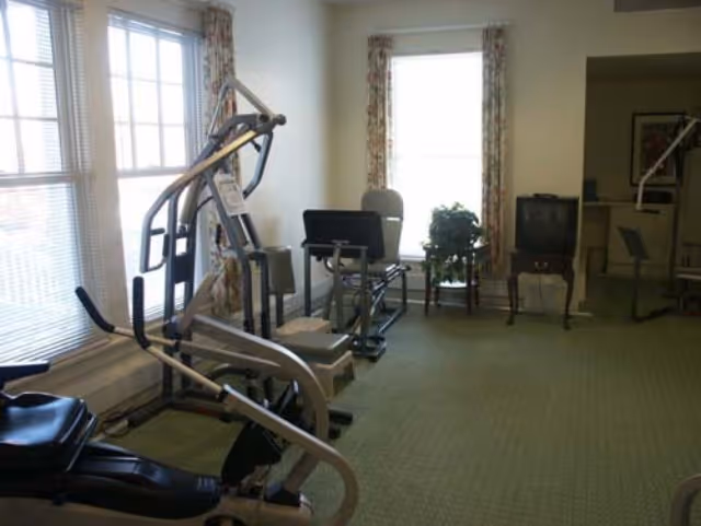 A small exercise room with various fitness equipment including a stationary bike, a multi-function weight machine, and a rowing machine. The room has green carpet, two windows with floral curtains letting in natural light, a small table with a plant, and an old-style television on a wooden stand.