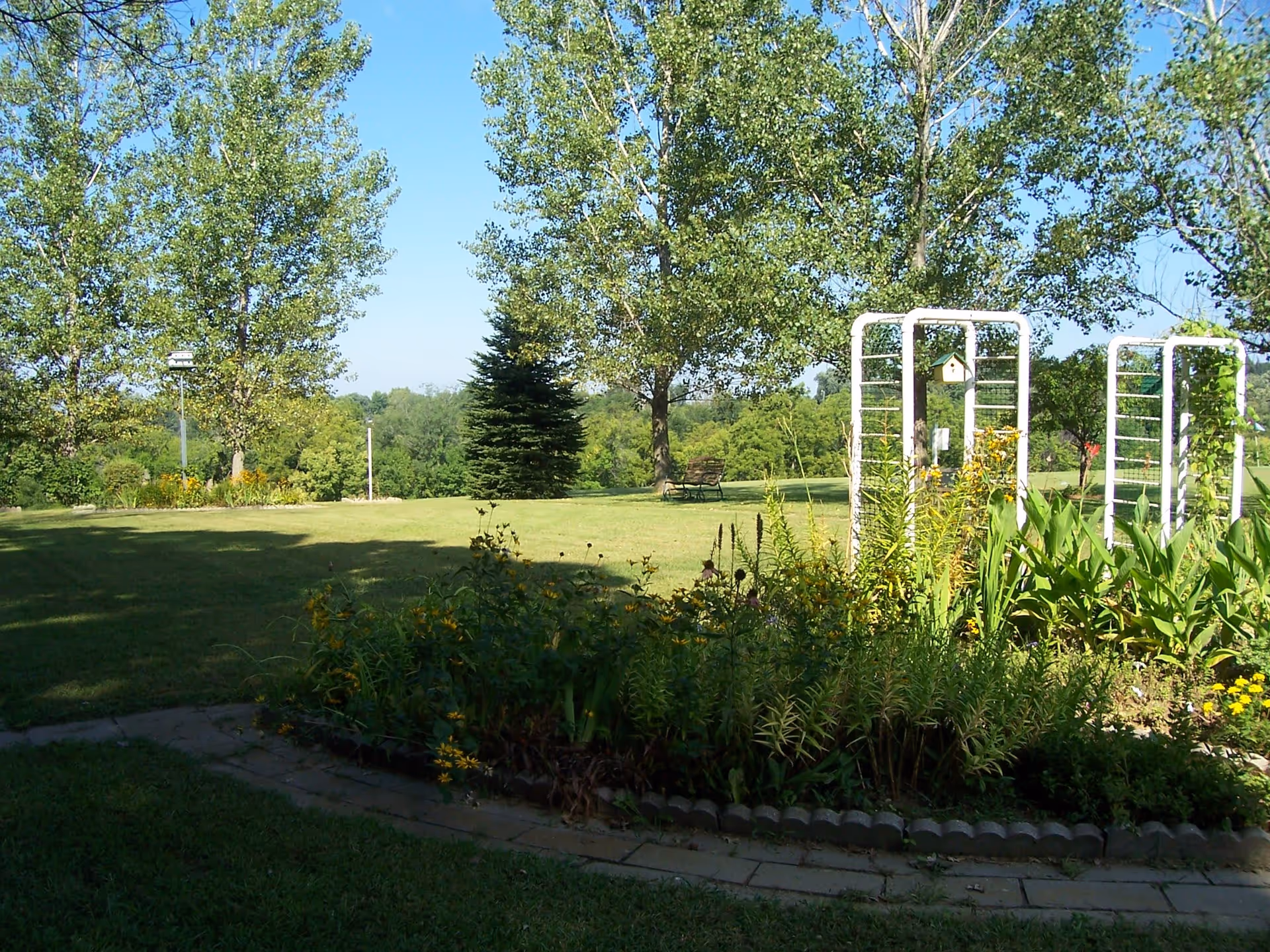 A sunny outdoor garden area with green grass, trees, and flower beds. There are white trellises with a birdhouse attached, and a bench is visible in the distance under the trees.