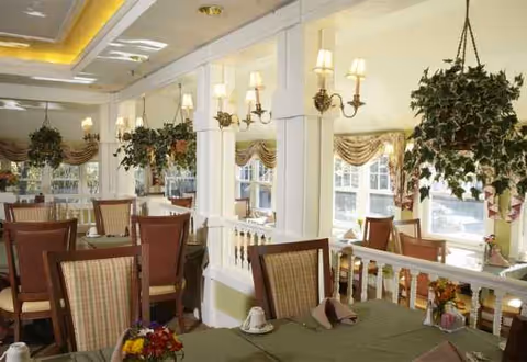 Sunlit dining room with plants, chandeliers, and neatly set tables in Sunrise of Weston.