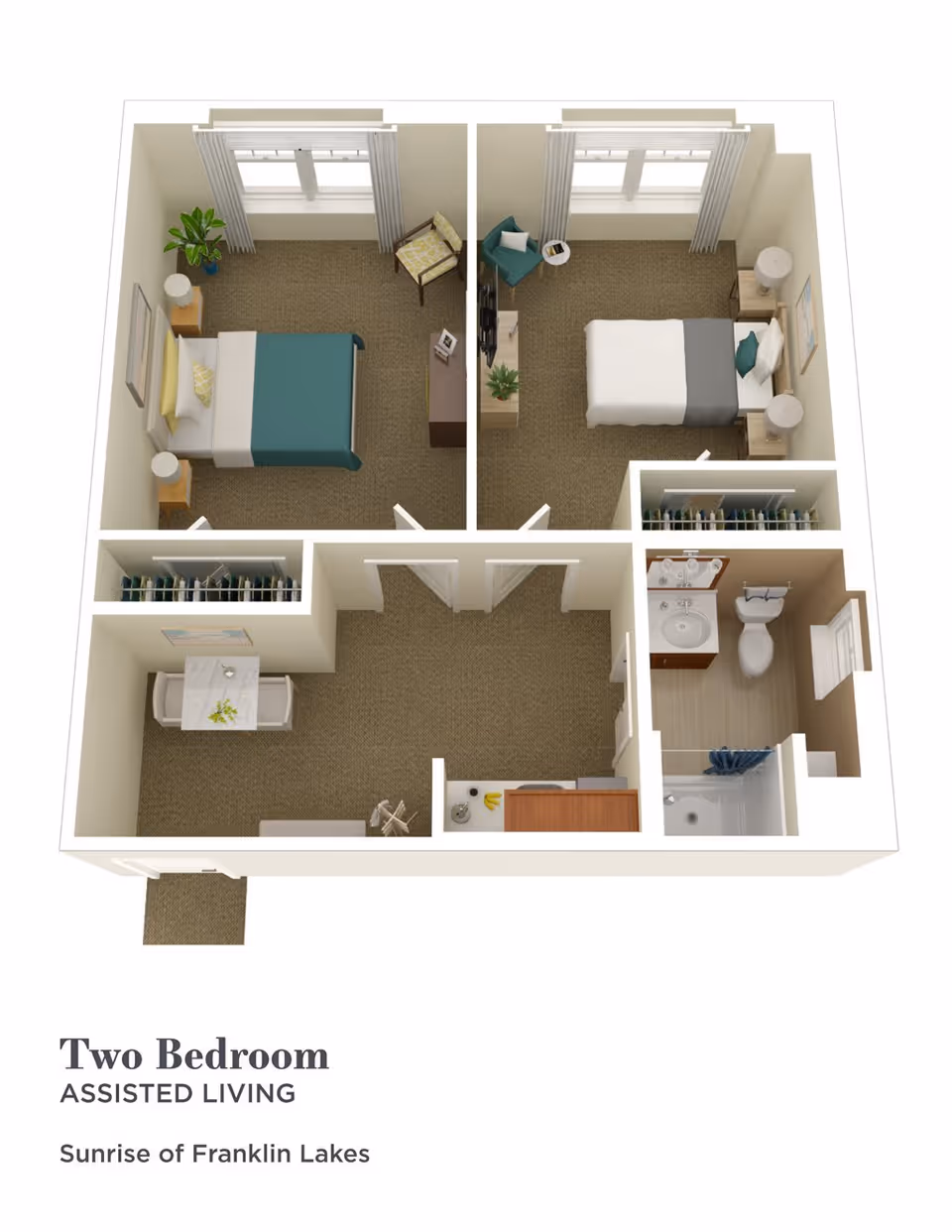 3D floor plan of a two-bedroom assisted living apartment at Sunrise of Franklin Lakes, showing two bedrooms, a bathroom with a shower, a small dining area, and a kitchenette.