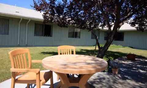 Outdoor patio with round table and chairs beside a building and tree.