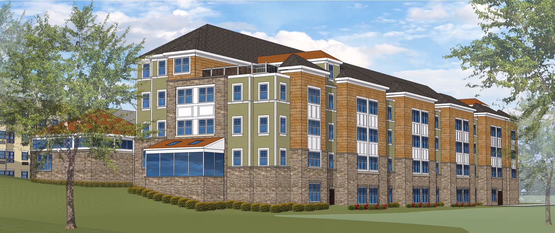 Architectural rendering of a multi-story senior living building on a grassy hill with a stone base, green and wood siding, many windows, and surrounding trees.