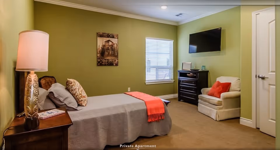 A private apartment bedroom with green walls, a single bed with gray bedding and a red throw, a wooden nightstand with a decorative lamp and a book, a wall-mounted TV above a black dresser, a beige armchair with a red pillow, and a window with white blinds.