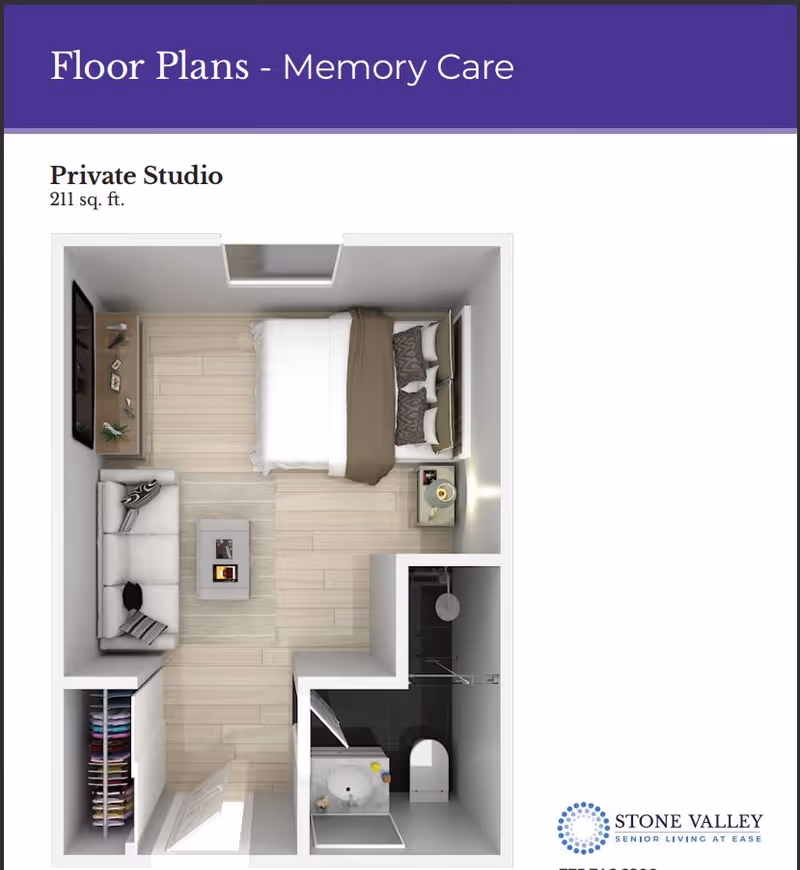 Floor plan of a private studio memory care unit measuring 211 square feet, showing a bed, sofa, coffee table, TV, nightstand with lamp, closet, and a bathroom with a shower, sink, and toilet.