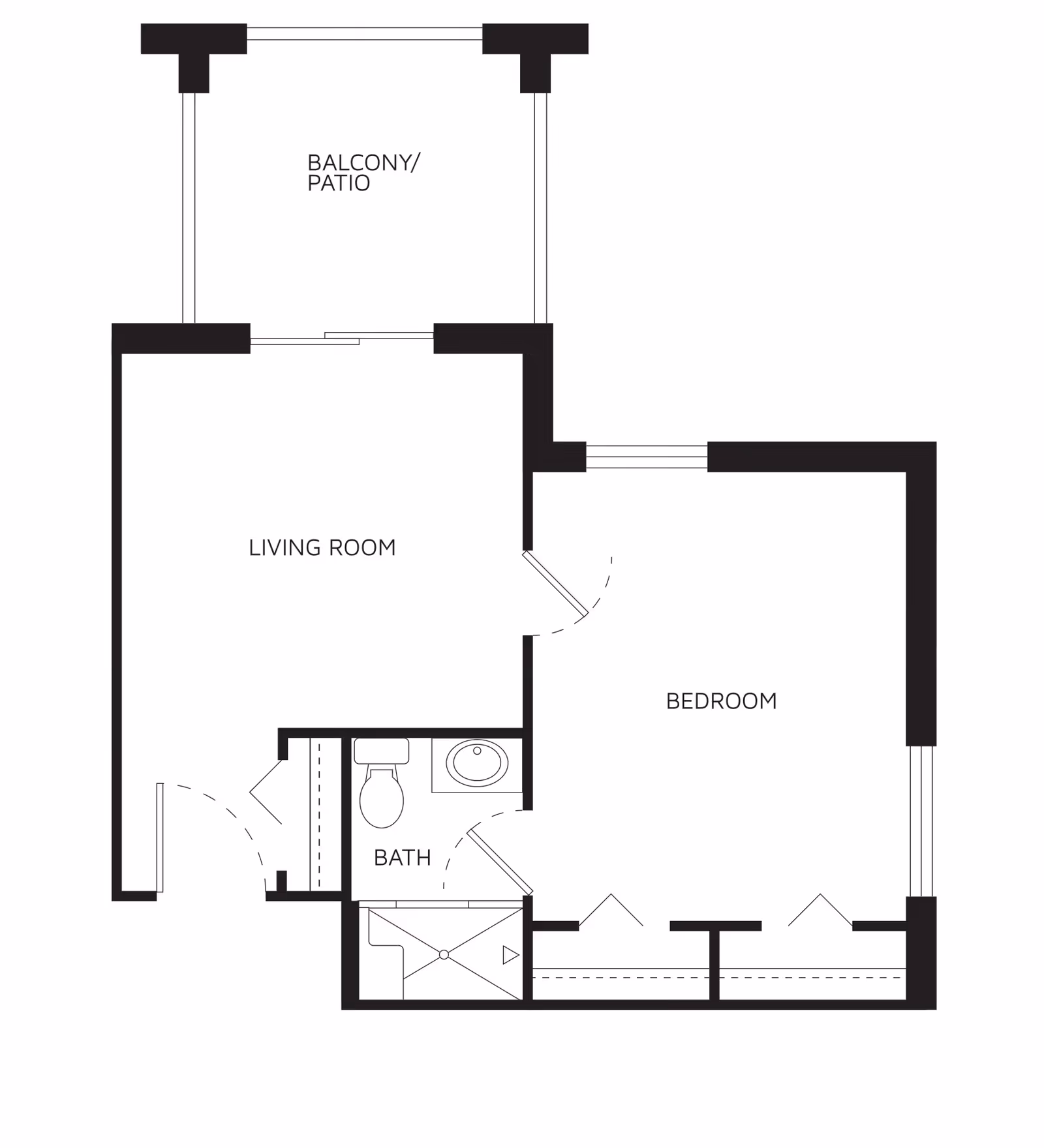 Architectural floor plan showing a one-bedroom apartment layout with a living room, bedroom, bathroom, and balcony/patio area.