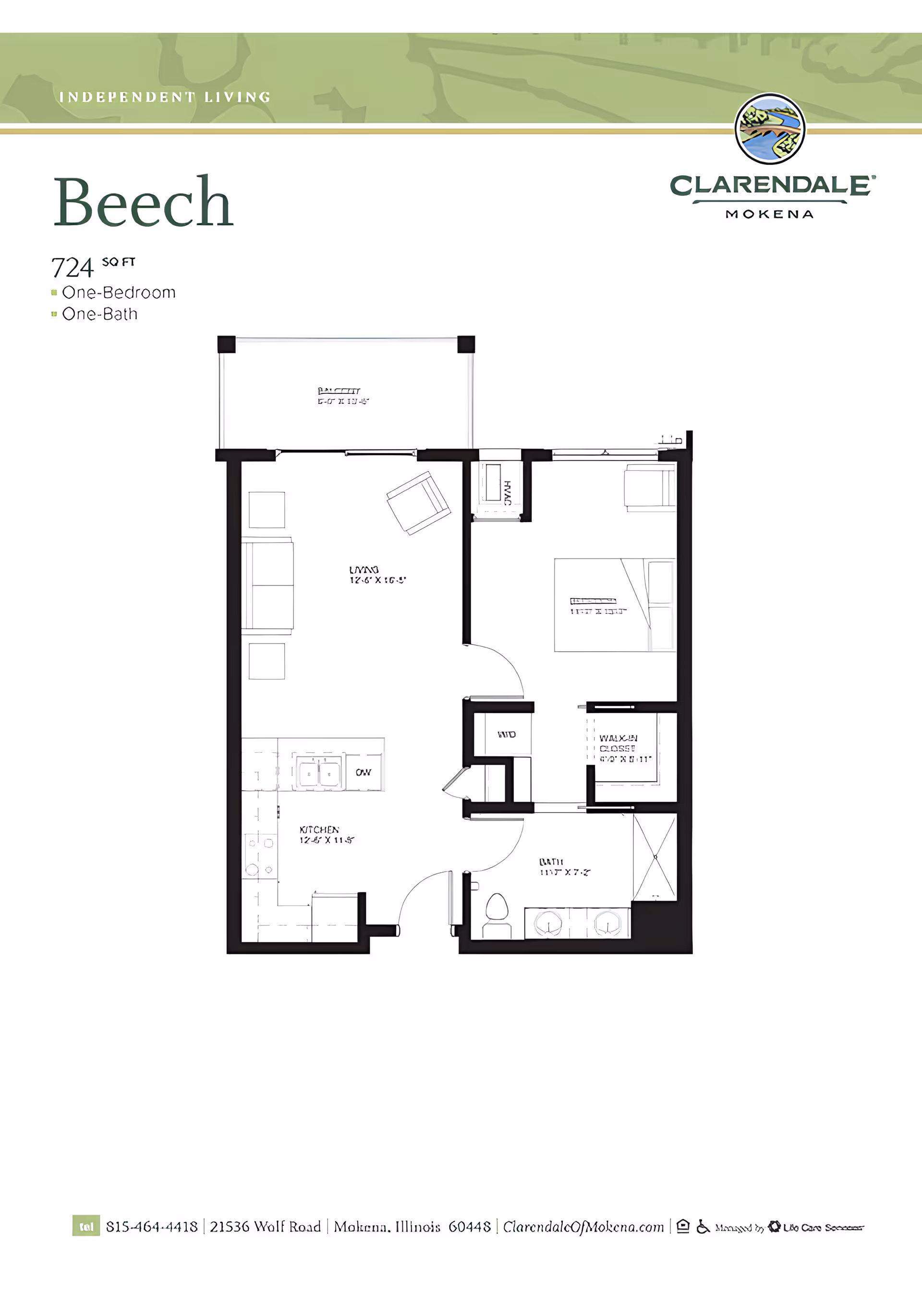 Floor plan for Beech unit at Clarendale of Mokena showing a one-bedroom, one-bath apartment with 724 square feet. The layout includes a living room, kitchen, bedroom with walk-in closet, bathroom, and a balcony.