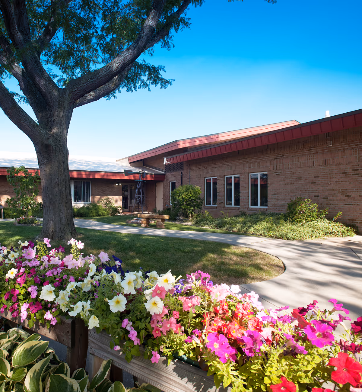 Brick single-story nursing facility building with a large tree, colorful flower planters and a curved walkway in the foreground.