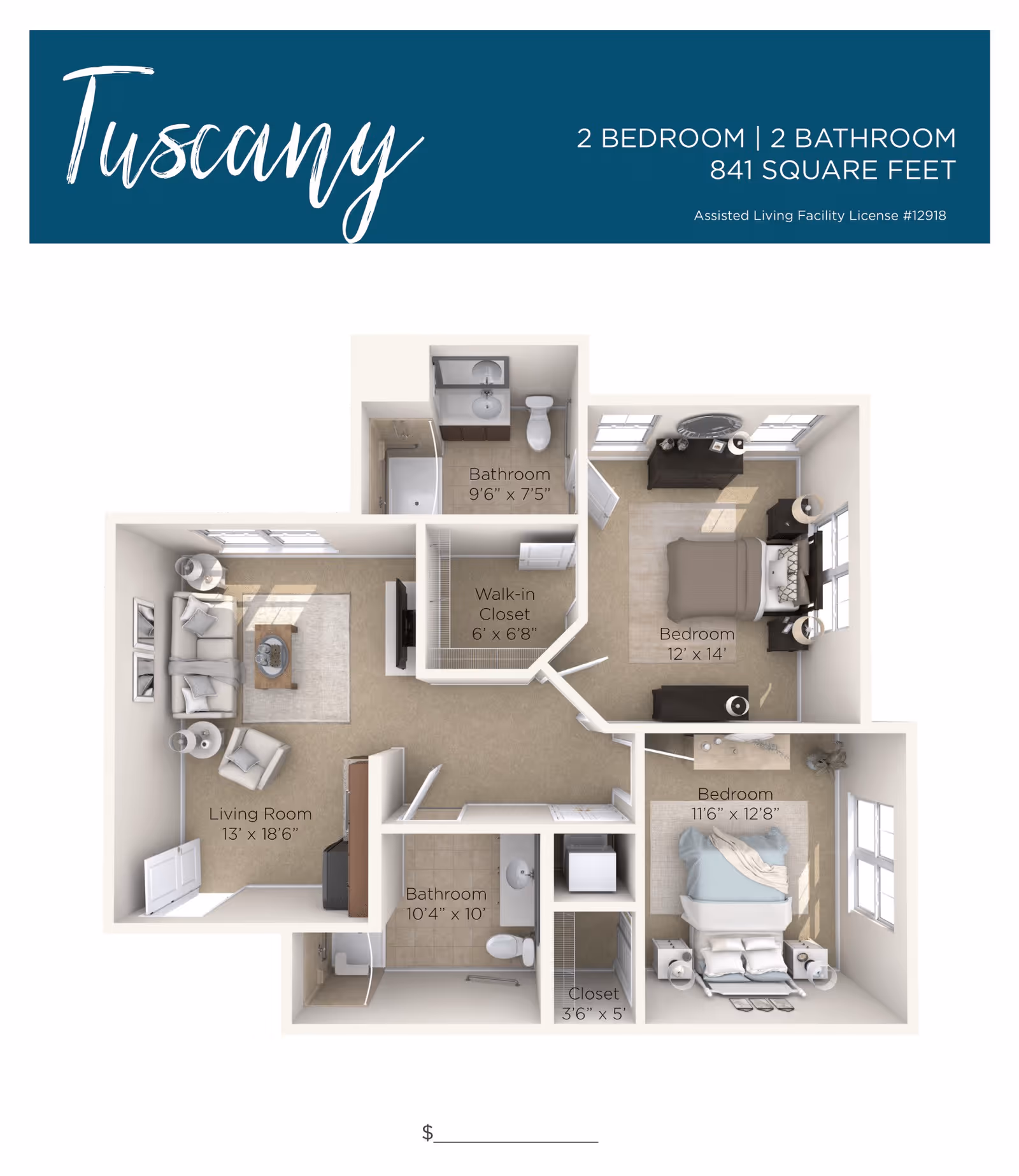 Floor plan of Tuscany unit at Tuscan Gardens Of Venetia Bay showing a 2 bedroom, 2 bathroom layout with a living room, walk-in closet, and additional closet space. The living room measures 13 by 18 feet 6 inches, one bedroom is 12 by 14 feet, the other bedroom is 11 feet 6 inches by 12 feet 8 inches, and the bathrooms measure 9 feet 6 inches by 7 feet 5 inches and 10 feet 4 inches by 10 feet. The total area is 841 square feet.