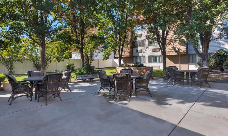 Outdoor patio area with several round tables and wicker chairs arranged on a concrete surface. The patio is shaded by tall trees and surrounded by greenery, with a multi-story building visible in the background.