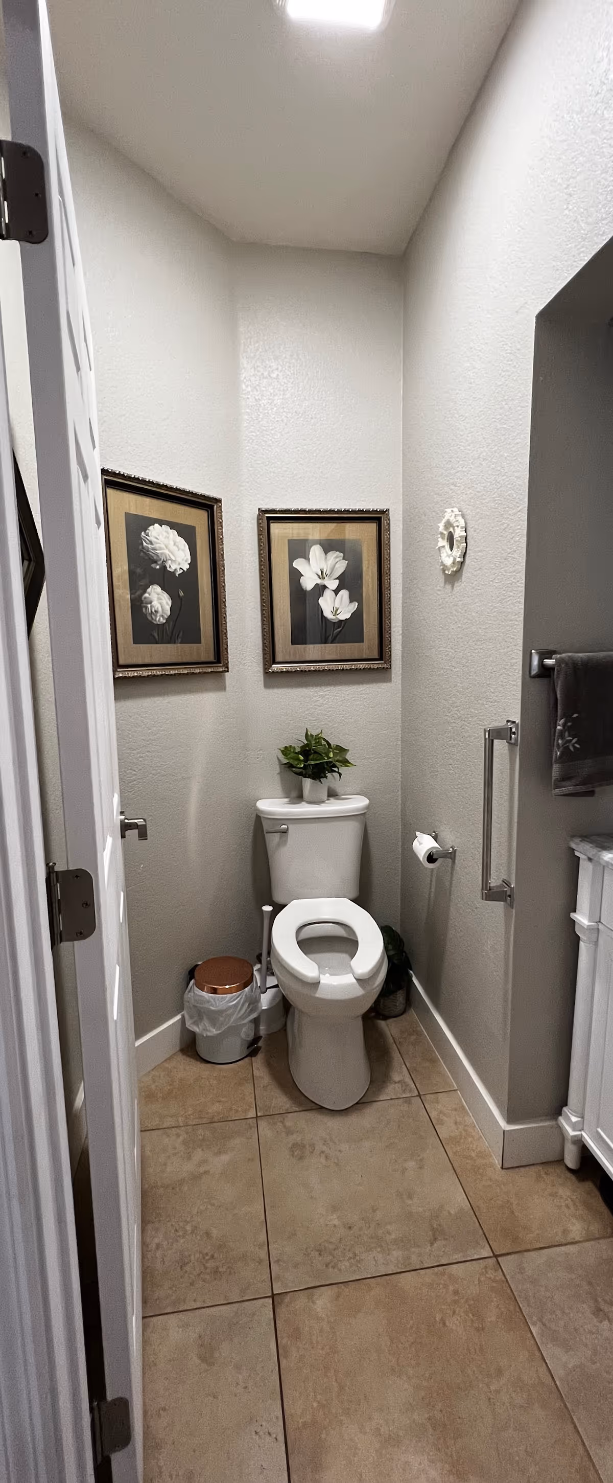 Small bathroom with a white toilet featuring a raised toilet seat, a small plant on the toilet tank, two framed floral pictures on the wall above the toilet, a trash can with a liner beside the toilet, a towel hanging on a bar on the right wall, and beige tiled floor.