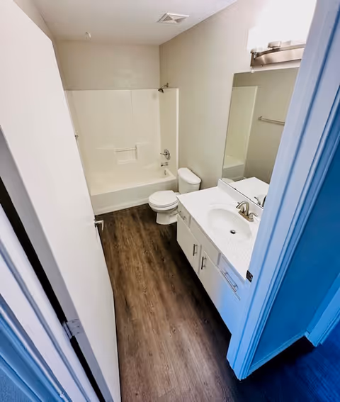 A clean and modern bathroom with a white bathtub and shower combination, a white toilet, and a white vanity with a sink and countertop. The floor has wood-style flooring, and there is a large mirror above the vanity with a light fixture above it. The walls are painted a light color.