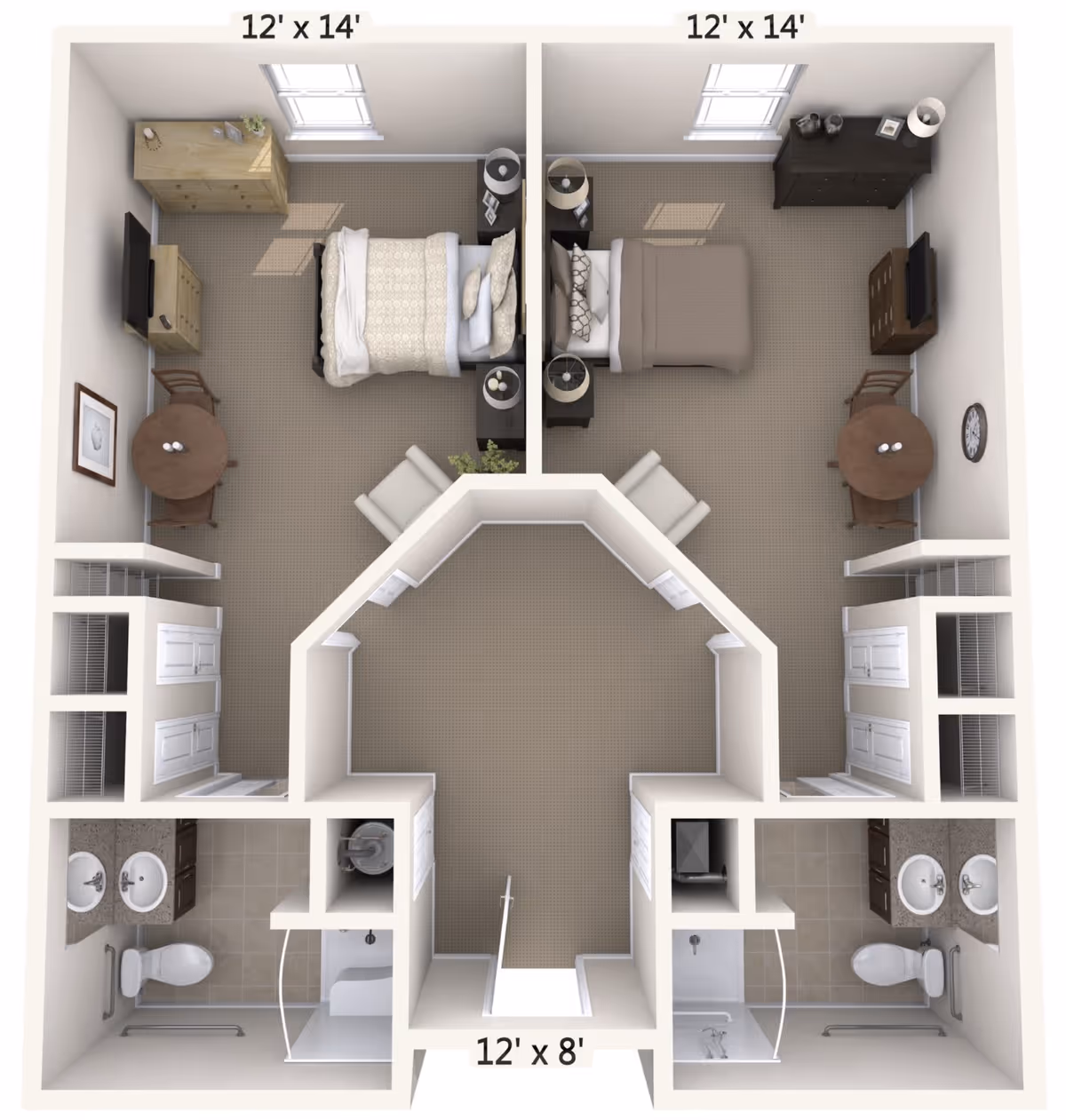 3D floor plan of a senior living unit at Addington Place of Stuart showing two adjacent bedrooms each measuring 12 by 14 feet. Each bedroom has a bed, nightstands with lamps, a dresser with a TV, a round table with two chairs, and a window. Both bedrooms have attached bathrooms with double sinks, toilets, and showers. There is a shared central living space measuring 12 by 8 feet with two armchairs and closets near the entrance.
