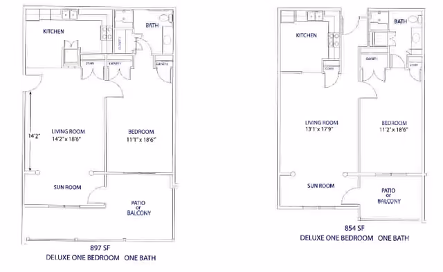 Two architectural floor plans for deluxe one-bedroom, one-bath apartments at The Keystones of Cedar Rapids. Each plan shows a kitchen, living room, bedroom, bathroom, sun room, and patio or balcony. The left plan is 897 square feet and the right plan is 854 square feet.