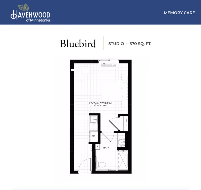Black-and-white architectural floor plan labeled "Studio • 370 sq. ft." for Havenwood of Minnetonka memory care.