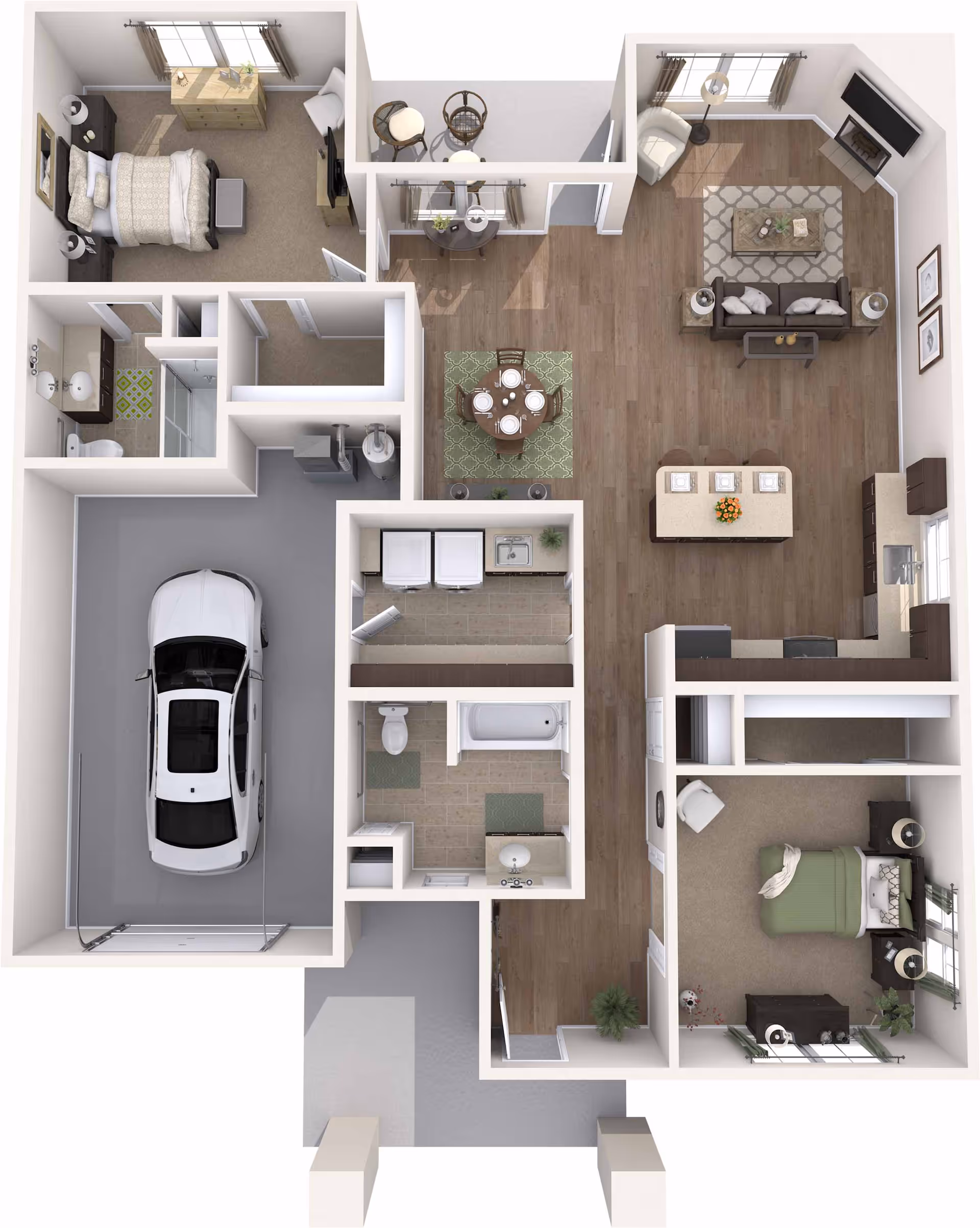3D floor plan of a single-story home featuring two bedrooms, two bathrooms, a living room with a fireplace and TV, a dining area, a kitchen with an island and bar stools, a laundry room with washer and dryer, and a garage with a parked car.