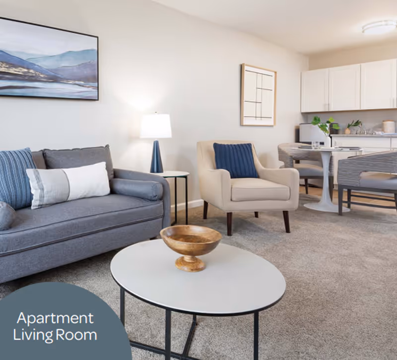 A modern apartment living room with a gray sofa adorned with blue and white pillows, a beige armchair with a blue pillow, a round white coffee table with a wooden bowl, a side table with a lamp, and a dining area with a round table and chairs. The room has light-colored walls, carpeted floor, and kitchen cabinets in the background.
