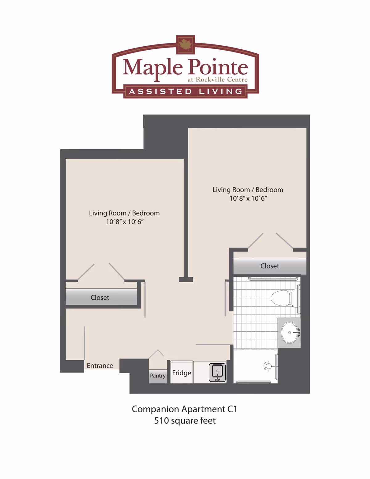 Floor plan of Companion Apartment C1 at Maple Pointe Assisted Living, showing two living room/bedroom areas each measuring 10'8" x 10'6", two closets, an entrance, pantry, fridge, sink, and a bathroom with a toilet, sink, and shower. The total area is 510 square feet.