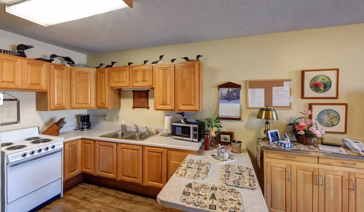 A cozy kitchen area with wooden cabinets, a white stove, a double sink, a microwave, and a coffee maker. The countertop has decorative placemats and small plants. The wall features a calendar, bulletin board, framed artwork, and a small lamp. The floor is wooden, and there are decorative bird figurines placed on top of the cabinets.