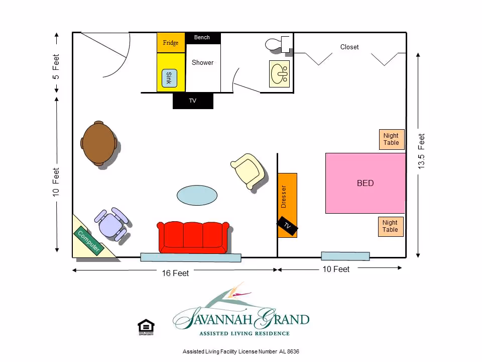Floor plan of an assisted living residence unit at Savannah Grand of Sarasota showing a living area with a red sofa, armchair, coffee table, dining table with chairs, computer desk, kitchen area with fridge and sink, bathroom with shower and toilet, bedroom with bed, two night tables, dresser, and closet. Dimensions are marked in feet.