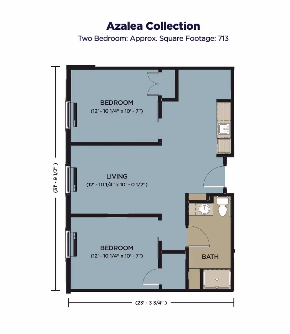 Floor plan diagram titled 'Azalea Collection' of a two-bedroom, one-bath apartment (approx. 713 sq ft) showing labeled bedrooms, living area, kitchen and bath with dimensions.