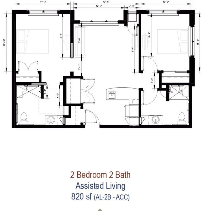 Black schematic floor plan showing a 2-bedroom, 2-bath assisted living apartment layout with furniture outlines and a label reading 2 Bedroom 2 Bath, Assisted Living, 820 sf.