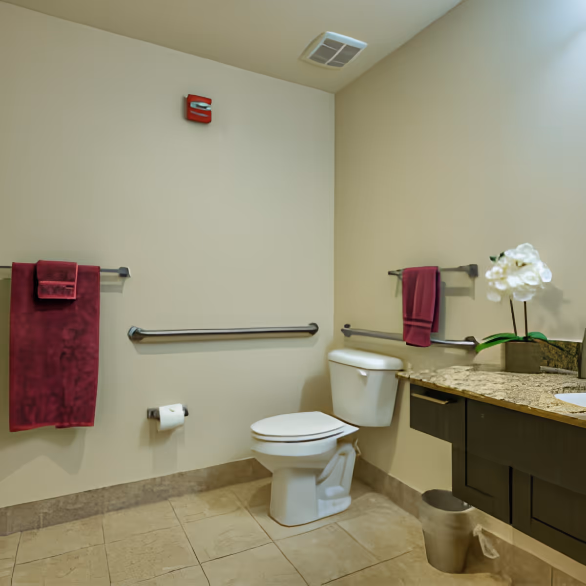 A clean and accessible bathroom with beige walls and tiled floor. The bathroom features a white toilet with grab bars on the walls for support. There are two towel racks, each holding a dark red towel. A granite countertop with a sink is visible on the right side, decorated with a white orchid plant. A small trash can is placed under the countertop.