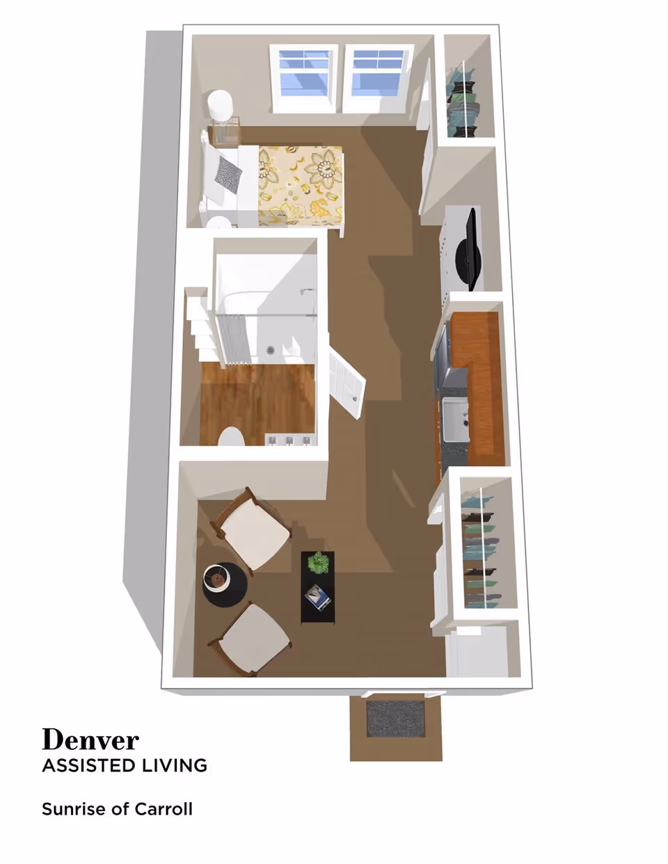 3D floor plan of an assisted living studio apartment named Denver at Sunrise of Carroll, showing a combined living and sleeping area with a bed, two chairs, a small table, a kitchenette with sink and stove, a bathroom with shower, and closets.