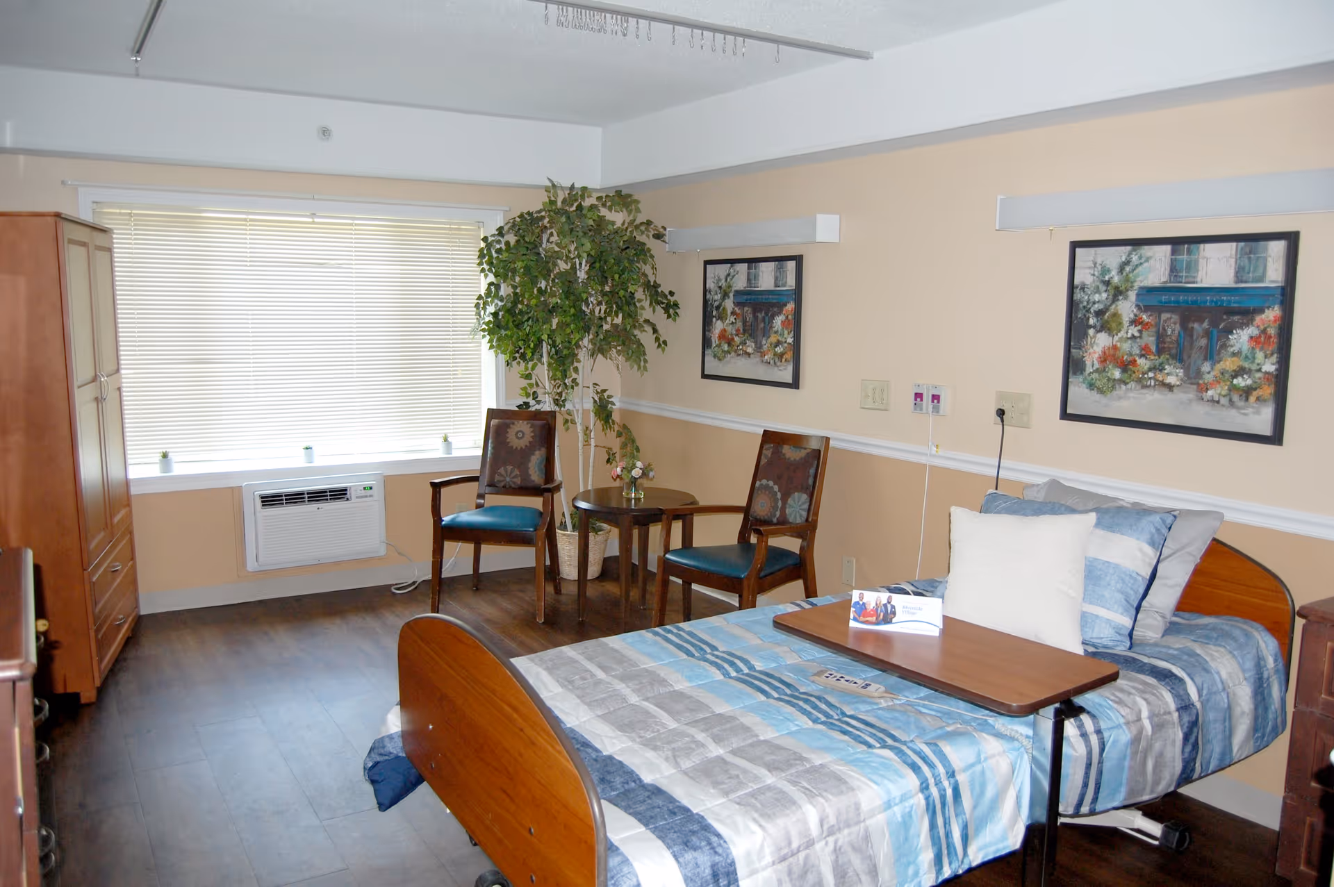 A senior living facility bedroom with a single bed covered in a blue and gray striped comforter, a wooden adjustable overbed table, two wooden chairs with patterned cushions, a small round table with a flower vase, a large potted plant, two framed paintings on the wall, a wooden wardrobe, and a window with closed blinds and an air conditioning unit below it.