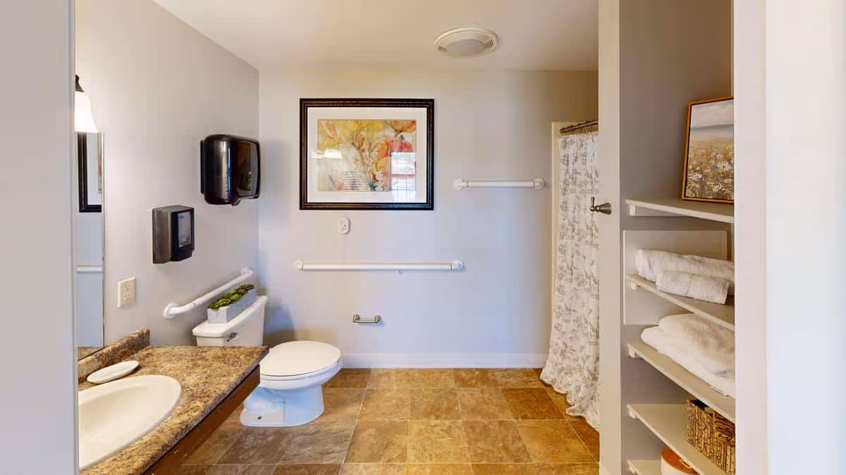 A clean and accessible bathroom with a toilet, sink with countertop, wall-mounted soap and paper towel dispensers, grab bars near the toilet and shower area, a shower with a floral curtain, and shelves holding folded towels and a framed picture.