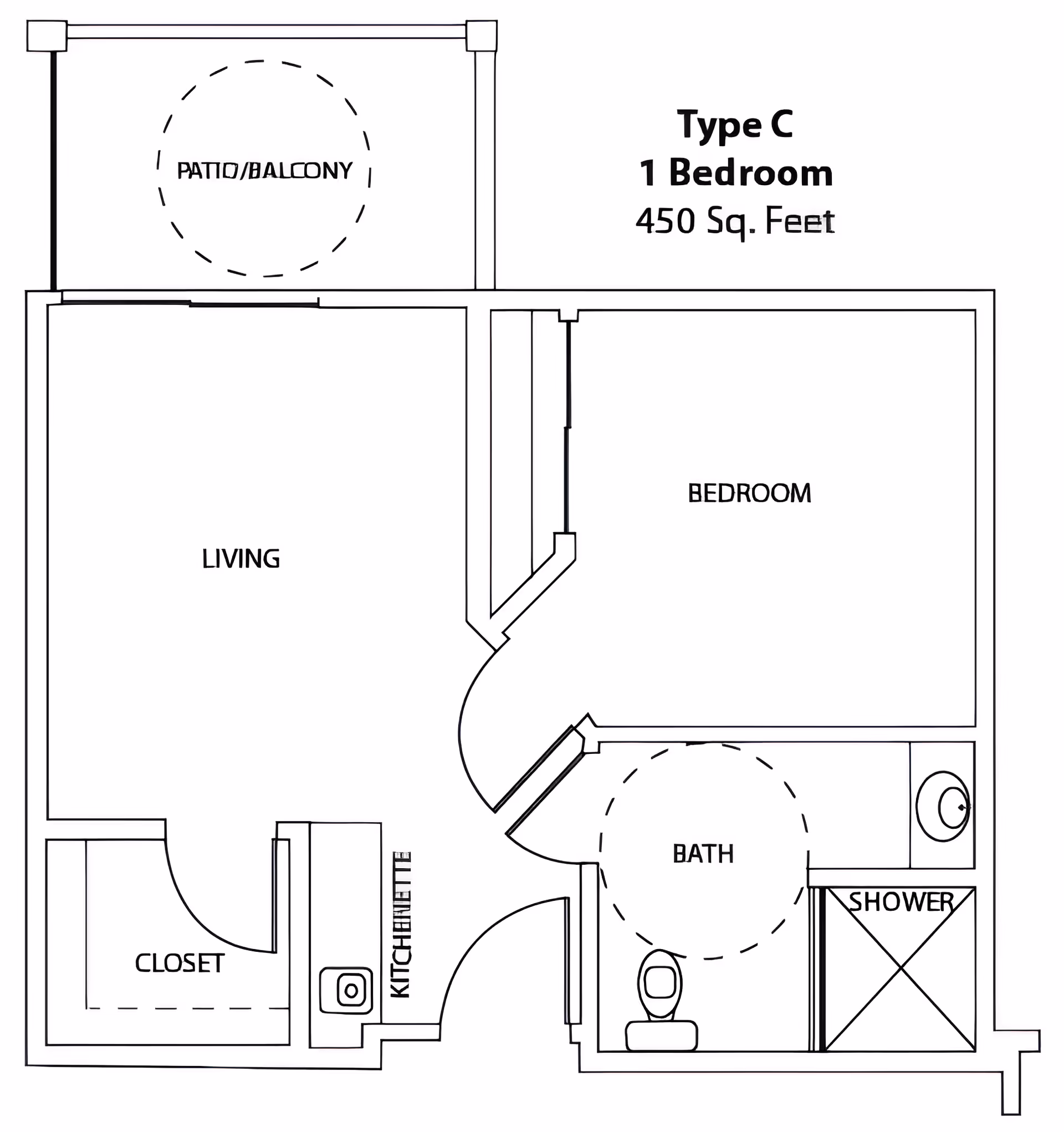 Black-and-white floor plan labeled "Type C 1 Bedroom 450 Sq. Feet" showing a living room, bedroom, closet, kitchenette, bathroom with shower, and a patio/balcony.