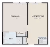 Floor plan of a senior living unit at Lorien Mt. Airy showing a bedroom measuring 12 by 14 feet, a combined living and dining area measuring 9 feet 11 inches by 17 feet 5 inches, a bathroom, two closets, and a kitchenette.