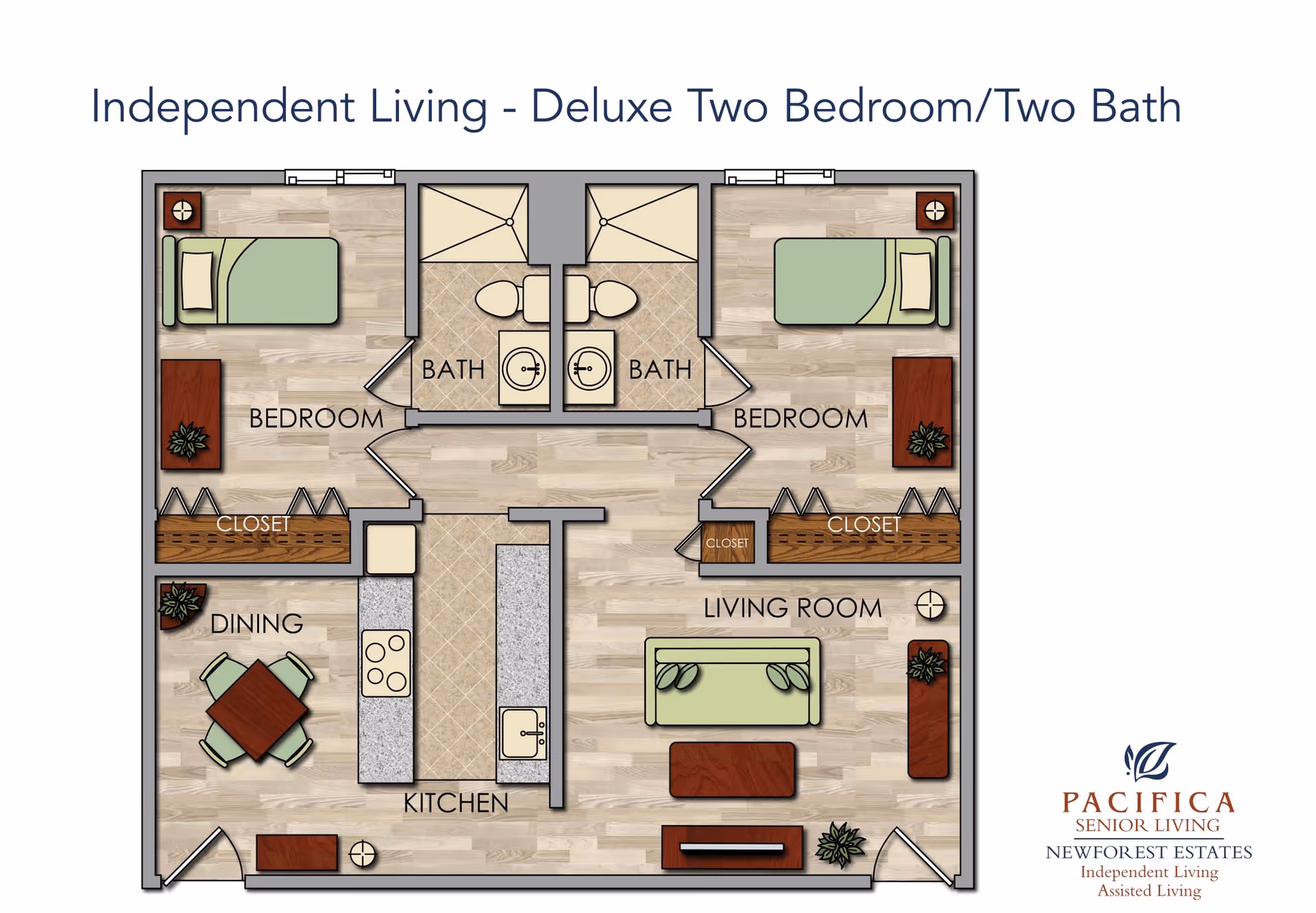Floor plan of an independent living deluxe two bedroom, two bath apartment showing two bedrooms each with a closet, two bathrooms, a kitchen with an island, a dining area with a table and four chairs, and a living room with seating and tables.