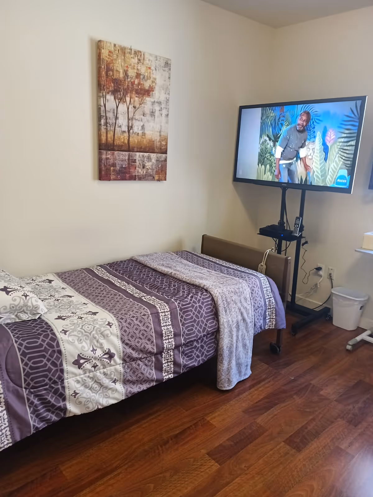 A single bed with purple and white patterned bedding in a room with wooden flooring. A flat-screen TV is mounted on a stand in the corner, displaying a man in front of a colorful background. A piece of abstract artwork hangs on the wall above the bed. There is a small white trash bin near the TV stand.