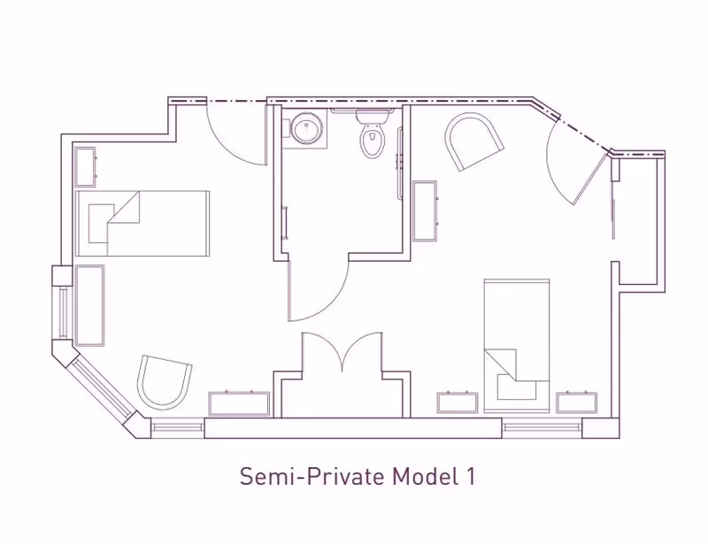 Architectural floor plan labeled Semi-Private Model 1 showing two separate sleeping areas with beds, chairs, and storage furniture, and a shared bathroom with a sink and toilet in the center.