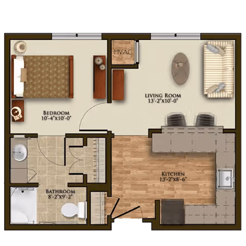 Floor plan of a one-bedroom apartment at Harmony at Reynolds Mountain showing a bedroom with a bed and nightstand, a bathroom with a shower, toilet, and sink, a living room with a sofa and coffee table, and a kitchen with a counter and two chairs.