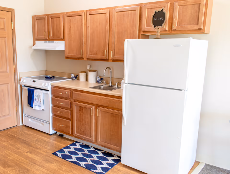 Compact kitchen with wooden cabinets, a white refrigerator and stove, a sink, and a blue patterned rug on a wood floor.